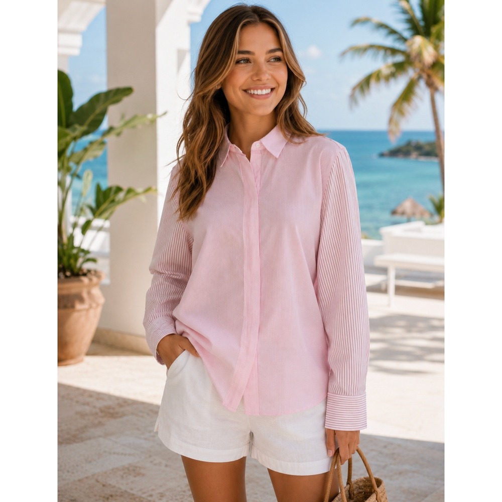 J. CREW Limited Edition Classic Fit Drapey Cupro Shirt Pink Mixed Stripe Size 4